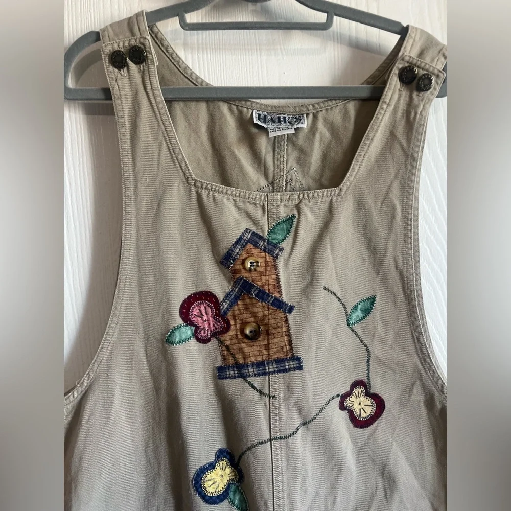 Vintage Haiks XL Patchwork Embroidered Bird House Floral Beige Overalls. - Picture 2 of 12